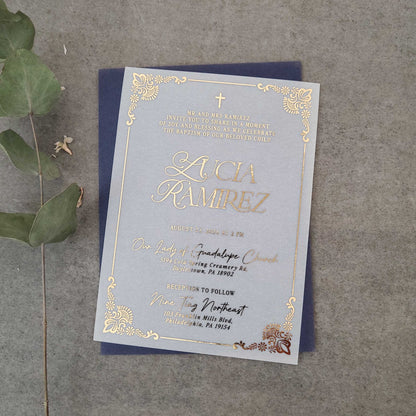 gold foiled vellum invitation for baby boy or baby girl baptism or christening - XOXOKristen