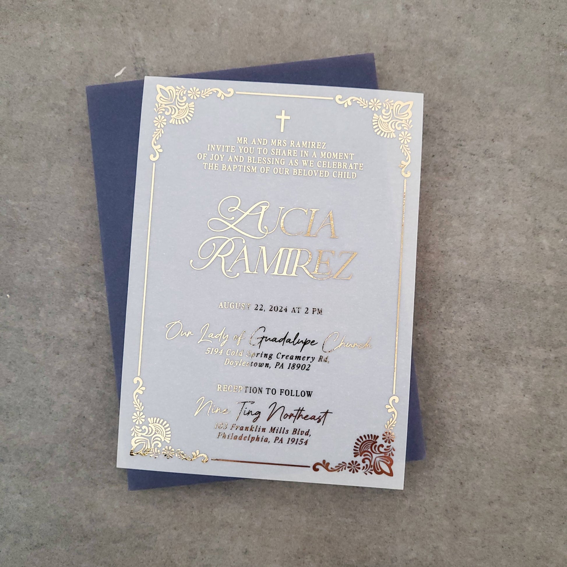 gold foiled vellum invitation for baby boy or baby girl baptism or christening - XOXOKristen