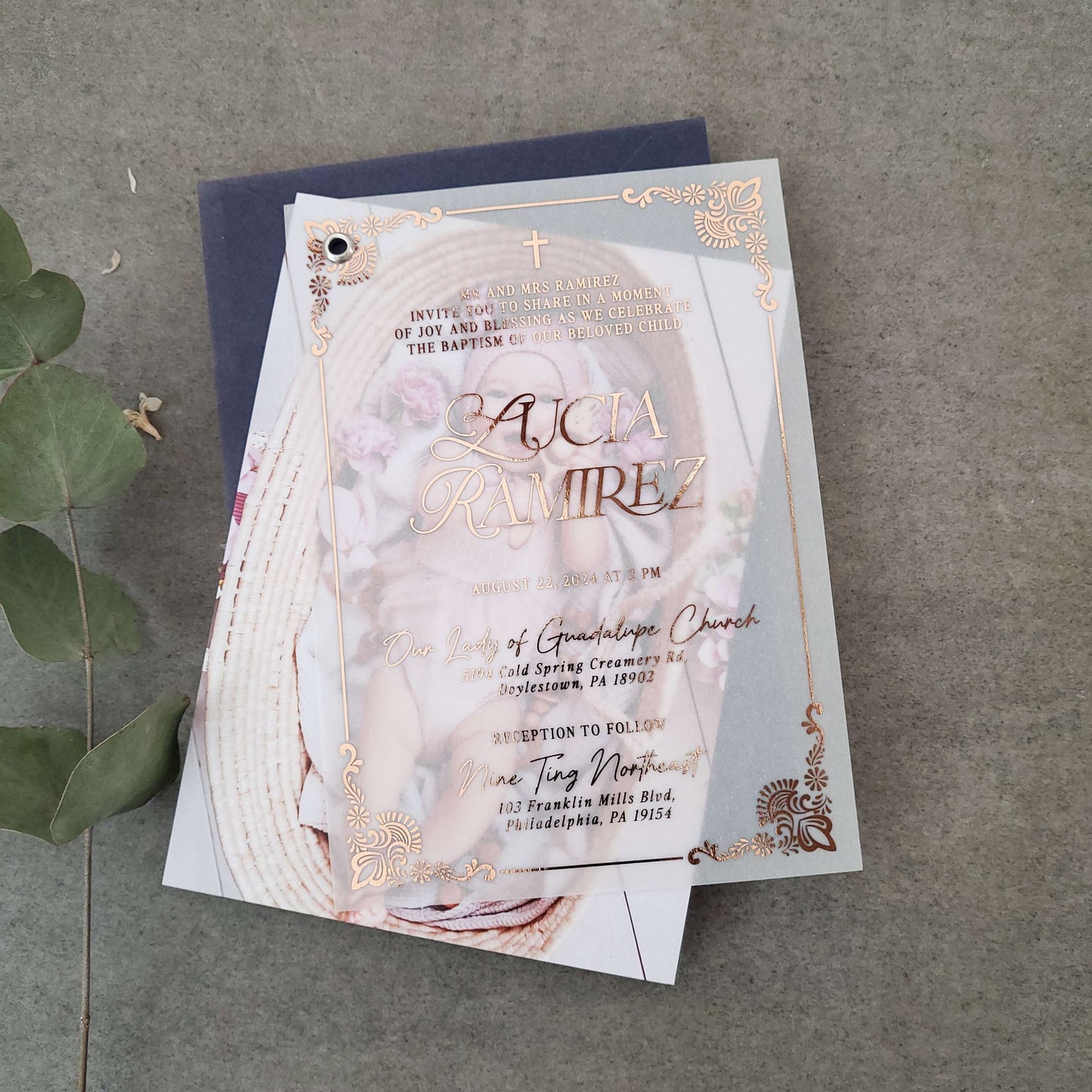 gold foiled vellum baptism invitation with custom baby photo - XOXOKristen