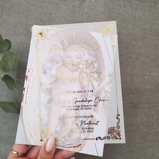 gold foiled vellum baptism invitation with custom baby photo - XOXOKristen