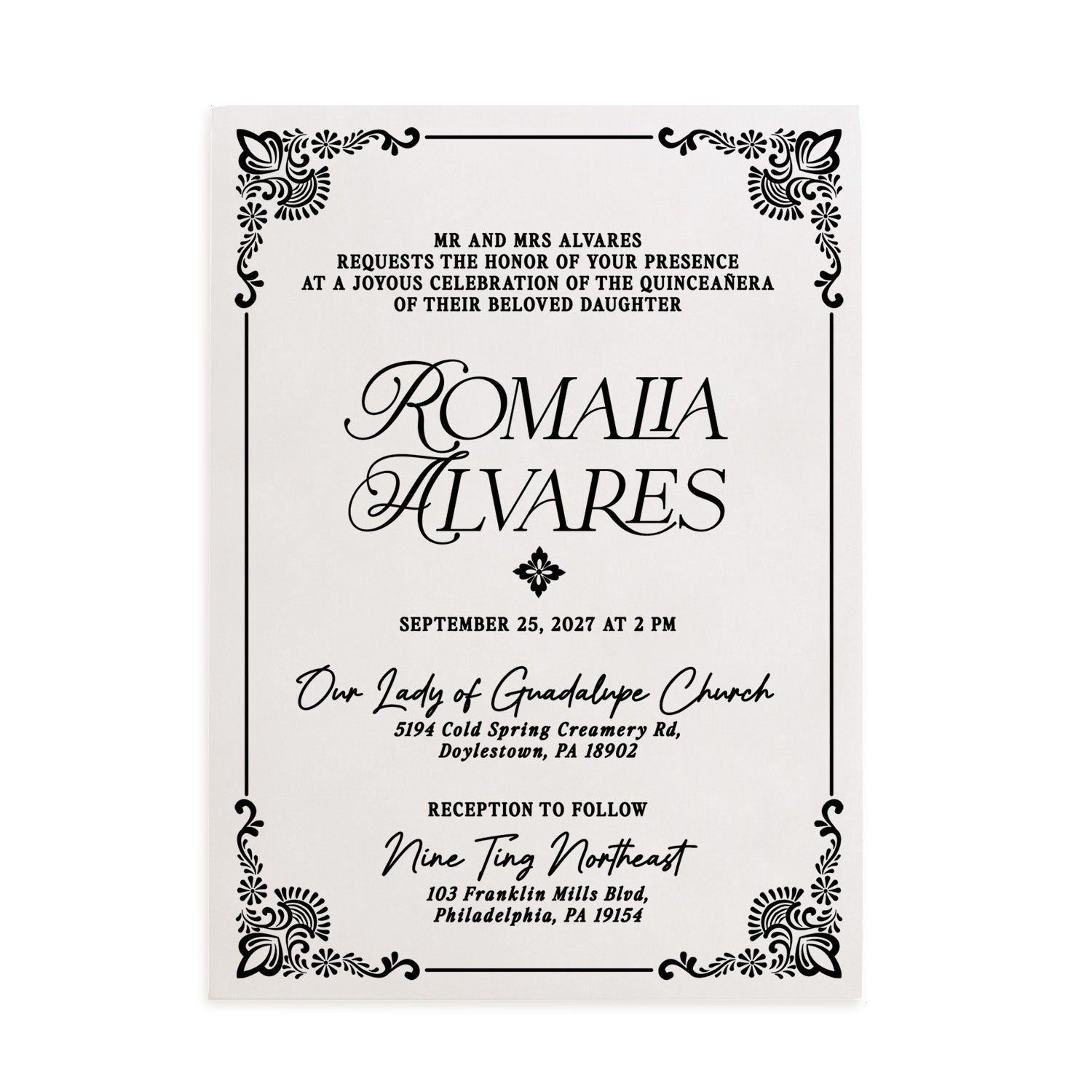 Elegant vellum quinceañera invitation printed in classic black serif and script typography, featuring formal celebration wording and decorative corner motifs on translucent frosted paper, perfect for modern luxury quince stationery collections – XOXOKristen