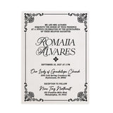 Elegant vellum quinceañera invitation printed in classic black serif and script typography, featuring formal celebration wording and decorative corner motifs on translucent frosted paper, perfect for modern luxury quince stationery collections – XOXOKristen