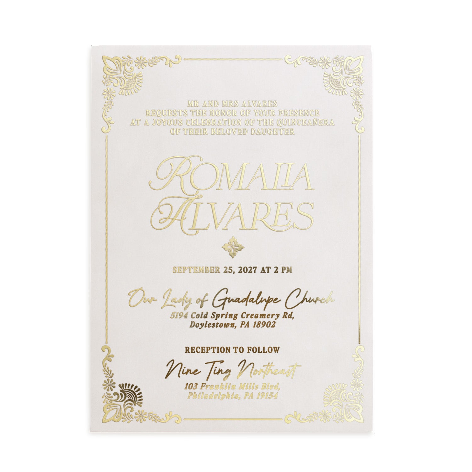 Vellum quinceañera invitation printed with metallic gold foil lettering and ornamental corner accents, featuring formal typography layout on translucent frosted paper, ideal for luxury party stationery and elegant themes – XOXOKristen