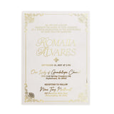 Vellum quinceañera invitation printed with metallic gold foil lettering and ornamental corner accents, featuring formal typography layout on translucent frosted paper, ideal for luxury party stationery and elegant themes – XOXOKristen