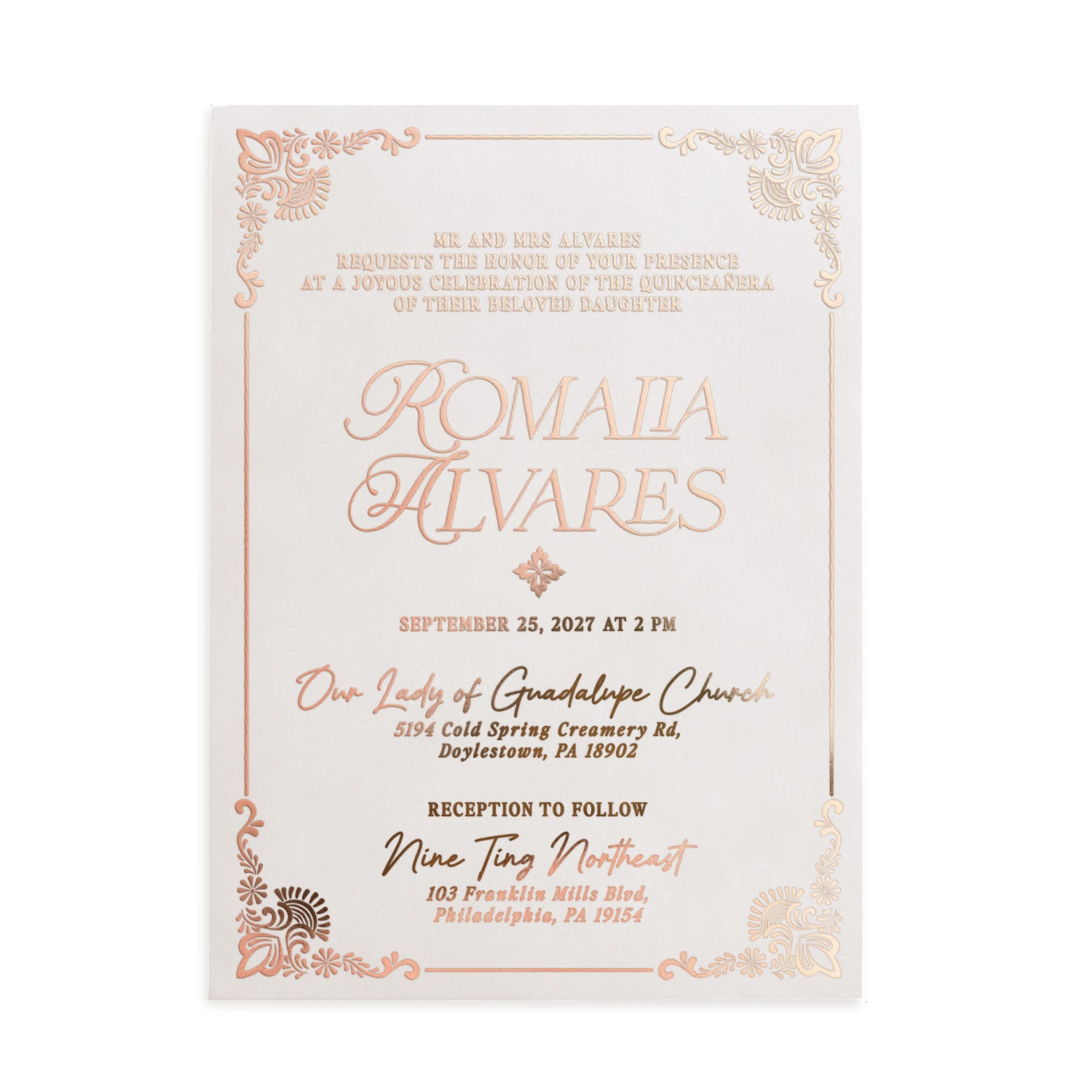 Romantic vellum quinceañera invitation with rose gold foil text and ornate border, styled among dried flowers and sunlight for a soft natural look, perfect for elegant and sophisticated milestone celebrations – XOXOKristen