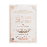Romantic vellum quinceañera invitation with rose gold foil text and ornate border, styled among dried flowers and sunlight for a soft natural look, perfect for elegant and sophisticated milestone celebrations – XOXOKristen