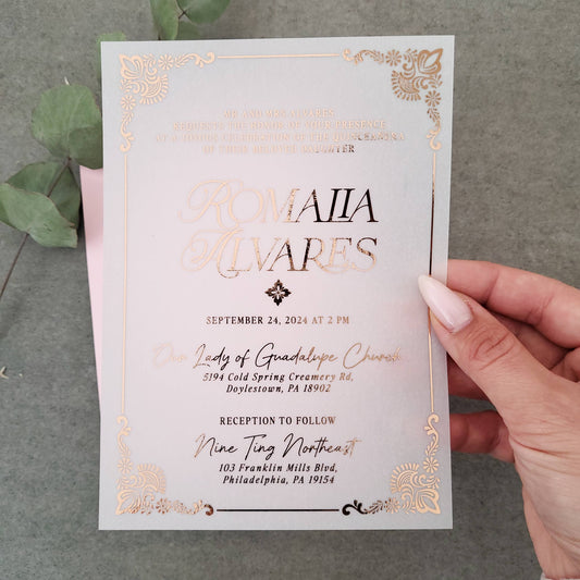 gold foiled vellum quinceanera invitation - XOXOKristen