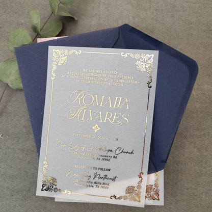 gold foiled vellum quinceanera invitation - XOXOKristen