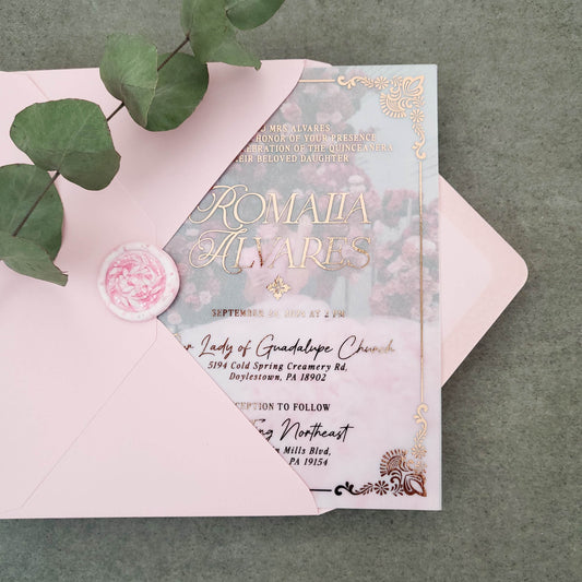 elegant vellum quinceanera invitation with gold foiled frame and custom photo - XOXOKristen