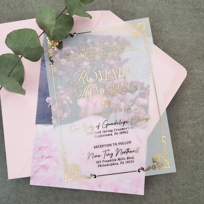 elegant vellum quinceanera invitation with gold foiled frame and custom photo - XOXOKristen