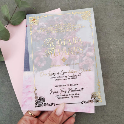 elegant vellum quinceanera invitation with gold foiled frame and custom photo - XOXOKristen