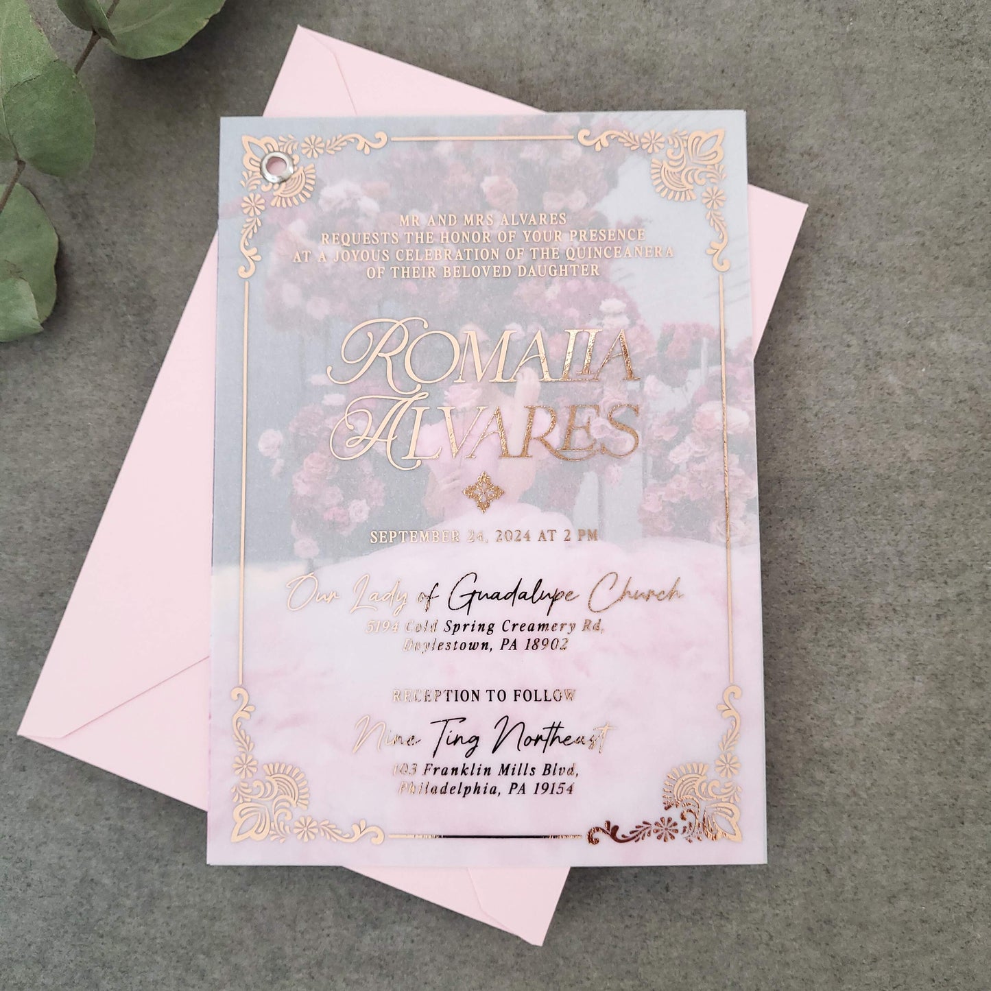 elegant vellum quinceanera invitation with gold foiled frame and custom photo - XOXOKristen