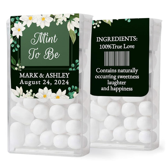 Personalized "Mint to Be" wedding favor stickers in black and green floral design