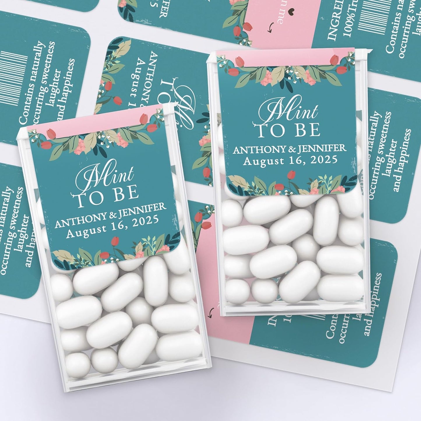 Turquoise and pink floral Tic Tac labels for wedding celebrations