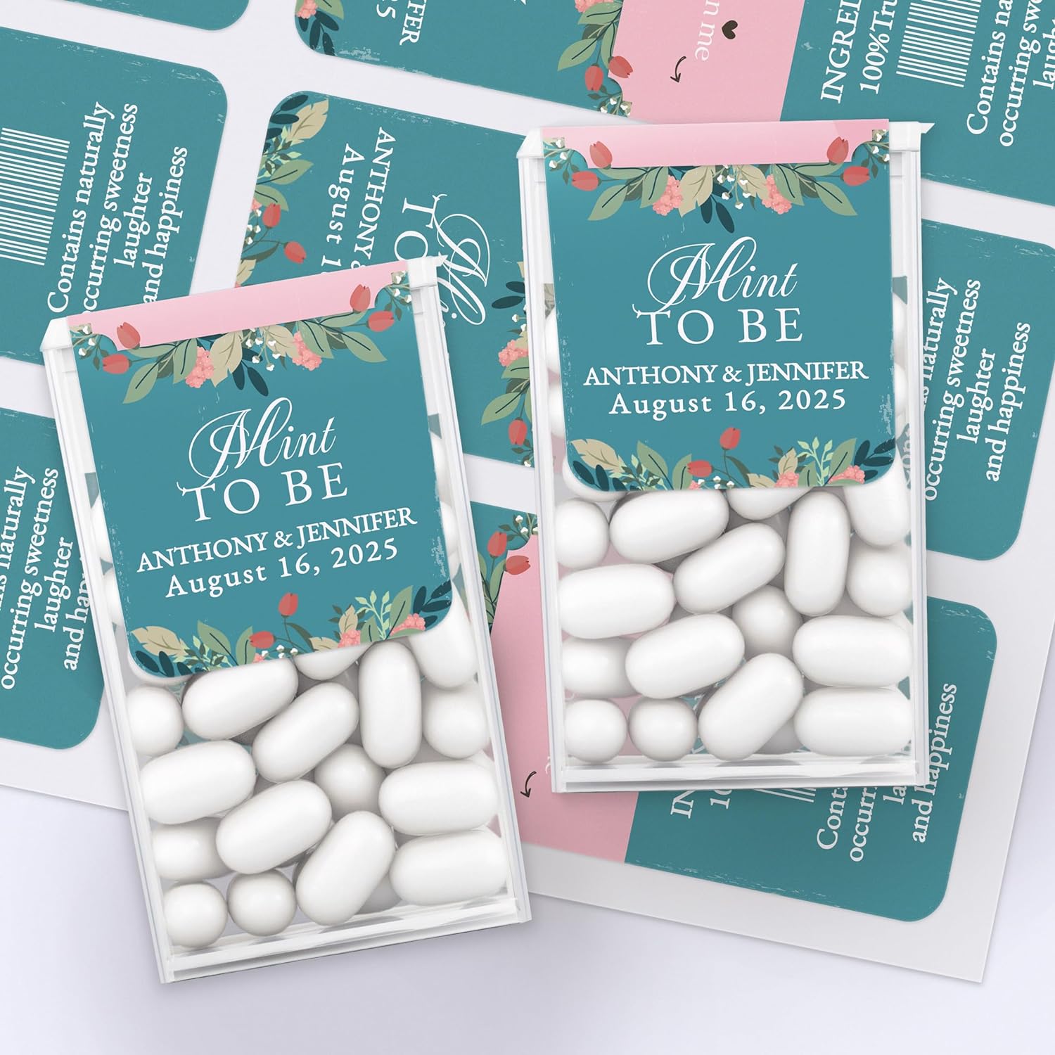 Turquoise and pink floral Tic Tac labels for wedding celebrations