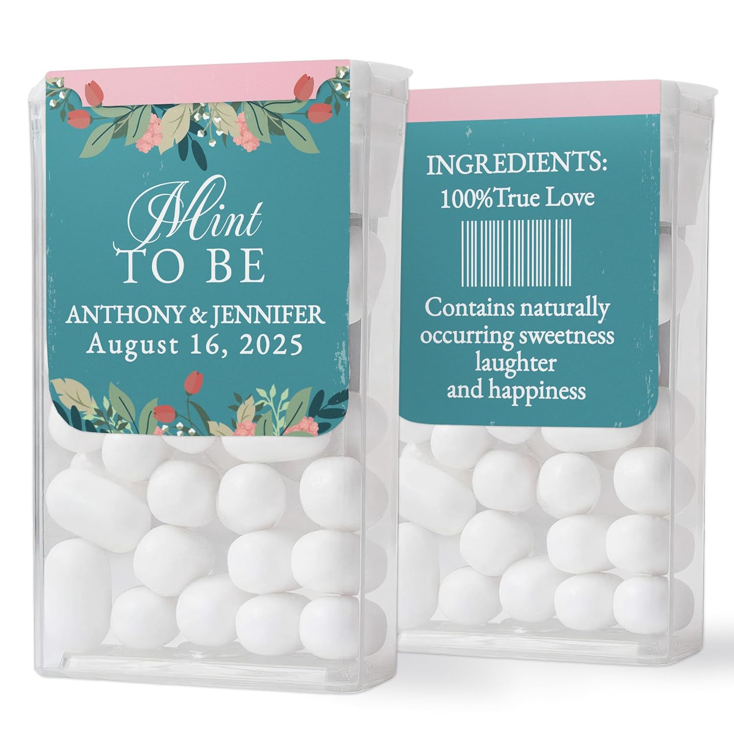 Personalized "Mint to Be" wedding favor stickers with turquoise and pink wildflowers design