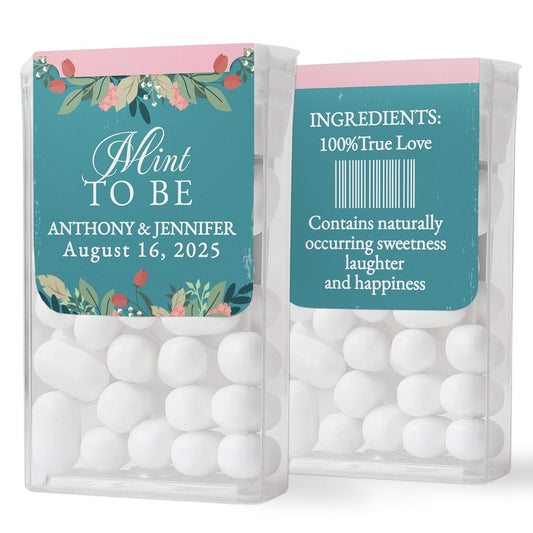 Personalized "Mint to Be" wedding favor stickers with turquoise and pink wildflowers design