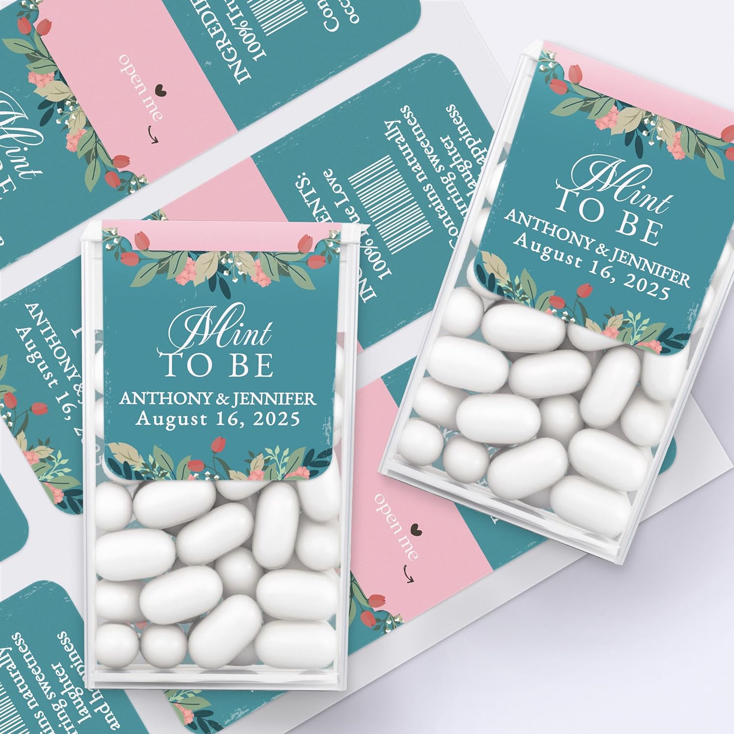 Custom Tic Tac labels with couple's names and wedding date in turquoiseCustom Tic Tac labels with couple's names and wedding date in turquoise