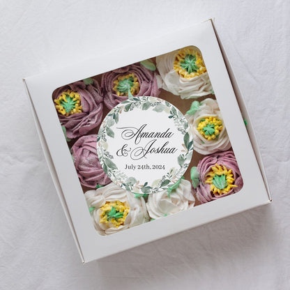 Elegant wedding sticker with genery wreath, personalized with names and wedding date. 