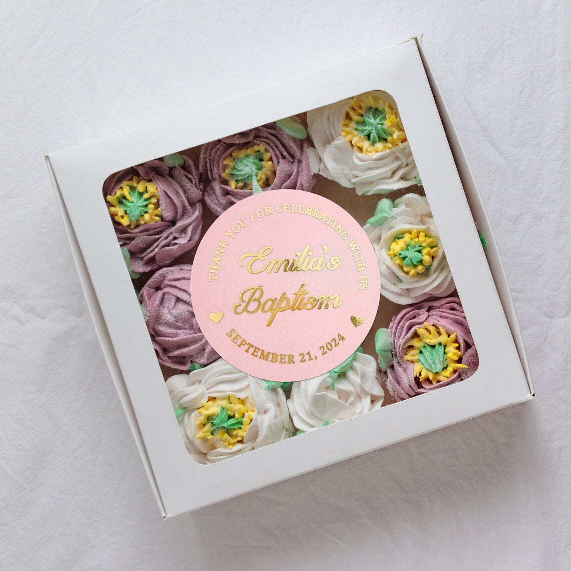 personalized pink and gold baptism stickers with named and date, and text reading Thank you for celebrating with us. 