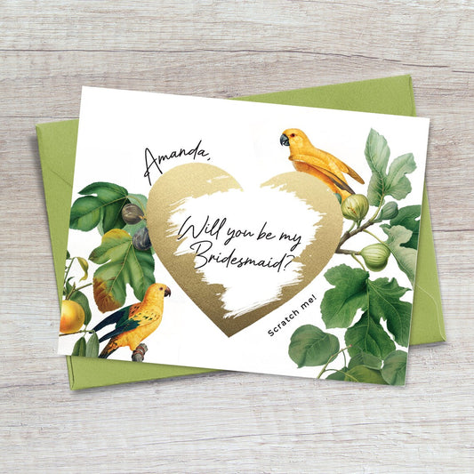 nature inspired bridesmaid proposal card with botanical design, gold foiled scratch off heart and personalized with name