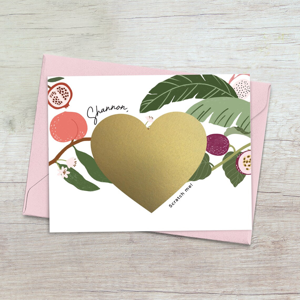 personalized bridesmaid proposal card with custom name, tropical design and gold foiled scratch off heart.