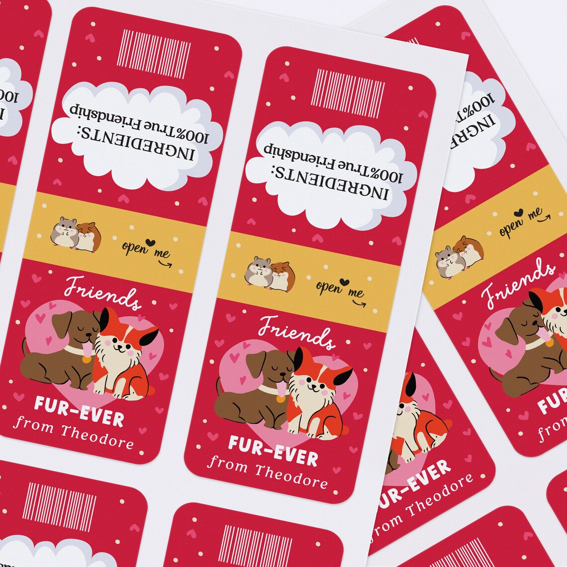 custom valentine's day tic tac stickers with dog and cat illustration