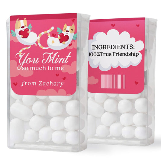valtneine's day tic tac stickers personalized with name, decorated with two cats hugging hearts on a pink background.