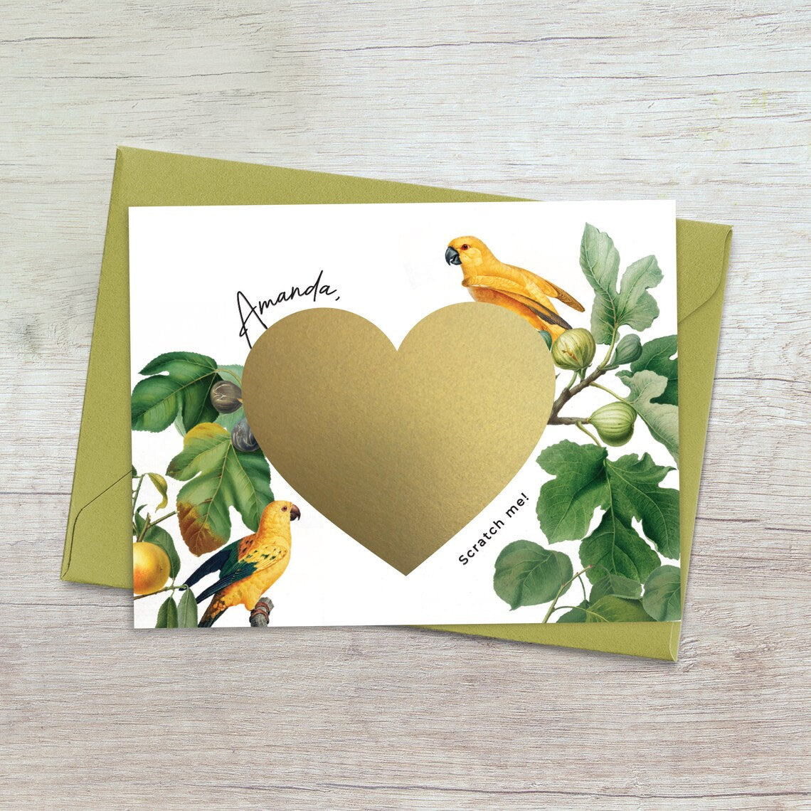 nature inspired bridesmaid proposal card with botanical design, gold foiled scratch off heart and personalized with name