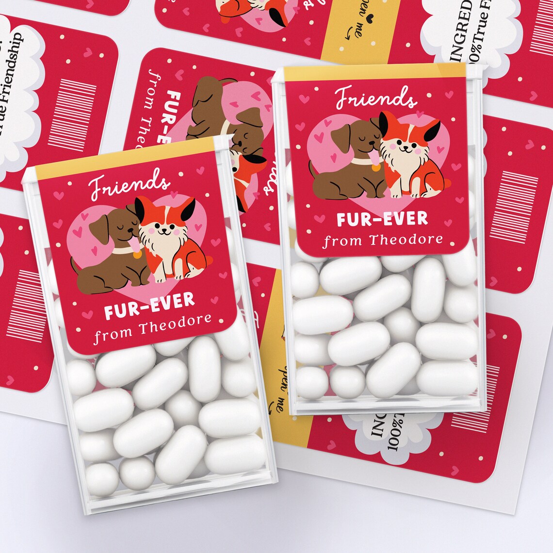 custom valentine's day tic tac stickers with dog and cat illustration