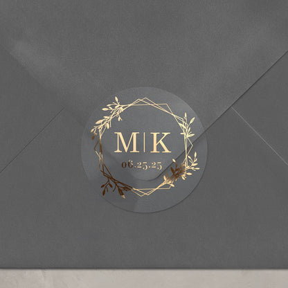 Minimalistic personalized wedding sticker with monograms, date, and floral frame on clear background