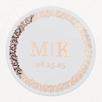 Personalized wedding sticker with monograms, date, and black ornate frame on clear background