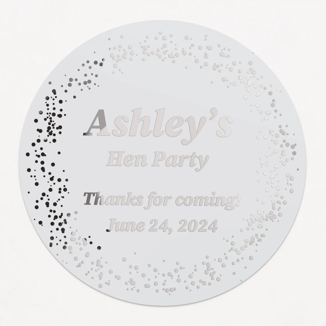 Personalized hen party sticker with name, event type, and date in gold foil, silver foil, rose gold foil, or black text on clear or white background