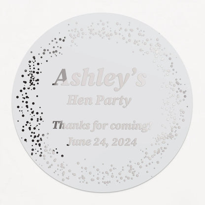 Personalized hen party sticker with name, event type, and date in gold foil, silver foil, rose gold foil, or black text on clear or white background