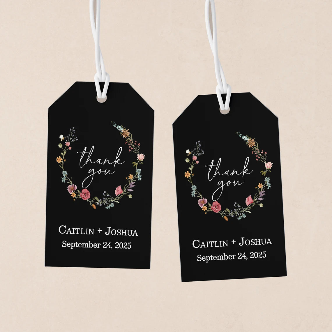 Sophisticated black wedding favor tags with watercolor wildflowers wreath.