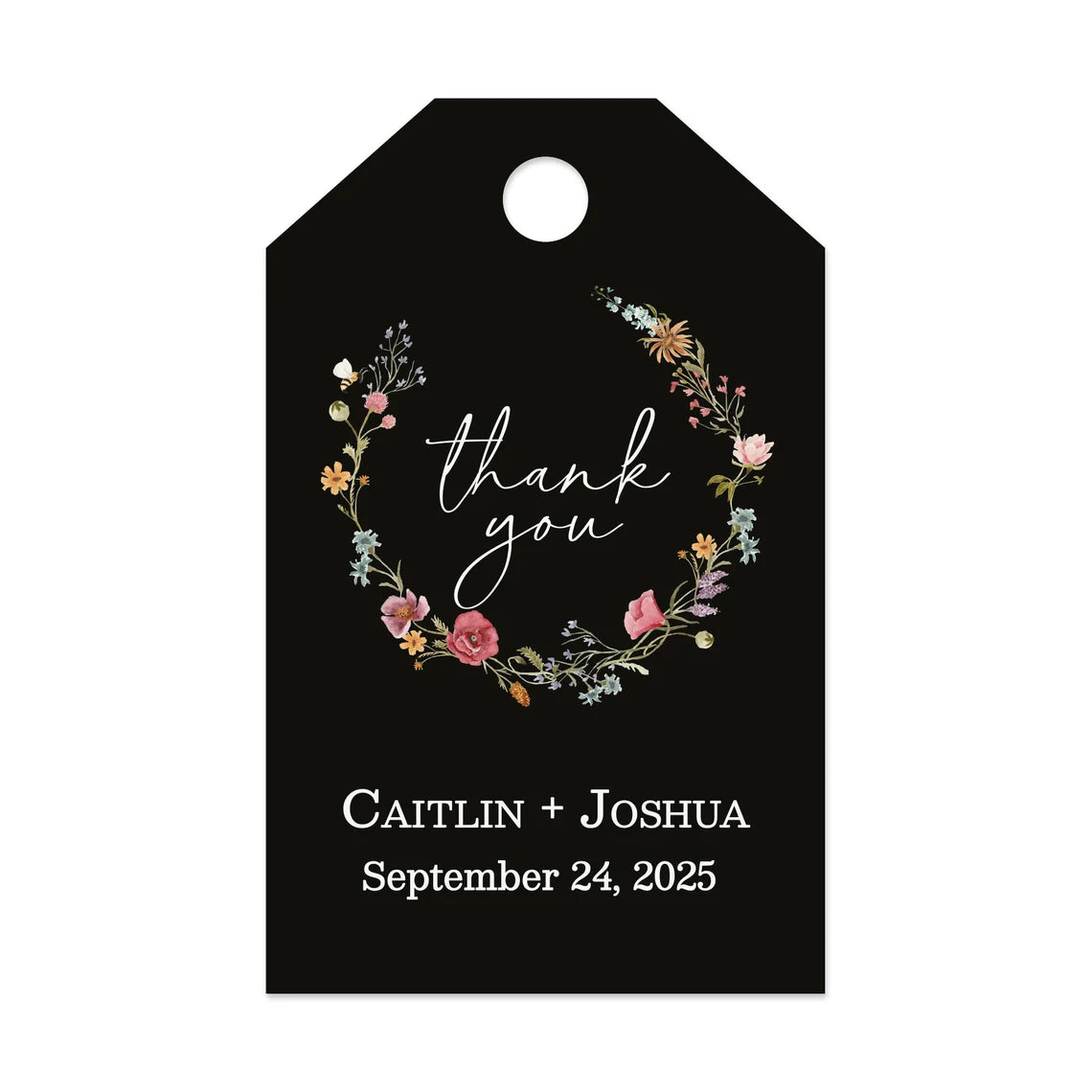 Sophisticated black wedding favor tags with watercolor wildflowers wreath.