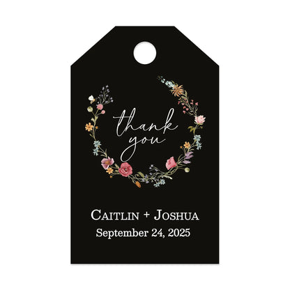 Sophisticated black wedding favor tags with watercolor wildflowers wreath.