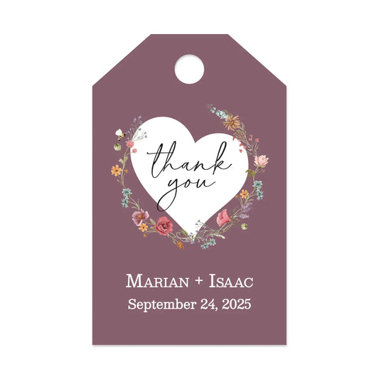 Luxurious mauve wedding favor tags with watercolor wildflowers wreath.
