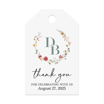 Elegant personalized monogram wedding favor tags with watercolor wildflowers wreath.