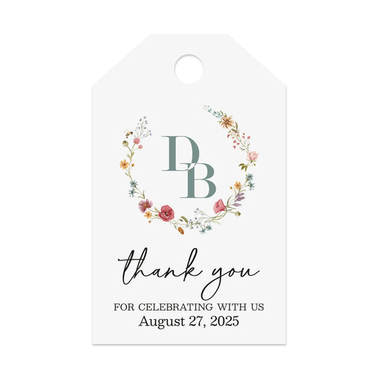 Elegant personalized monogram wedding favor tags with watercolor wildflowers wreath.