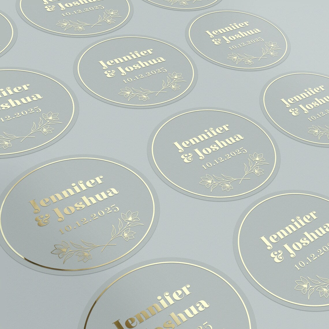 Personalized wedding sticker with bold names, date, and floral branches on clear background