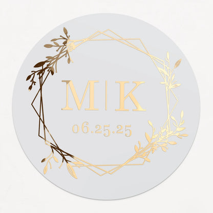 Minimalistic personalized wedding sticker with monograms, date, and floral frame on clear background