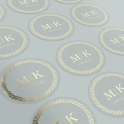 Personalized wedding sticker with monograms, date, and black ornate frame on clear background