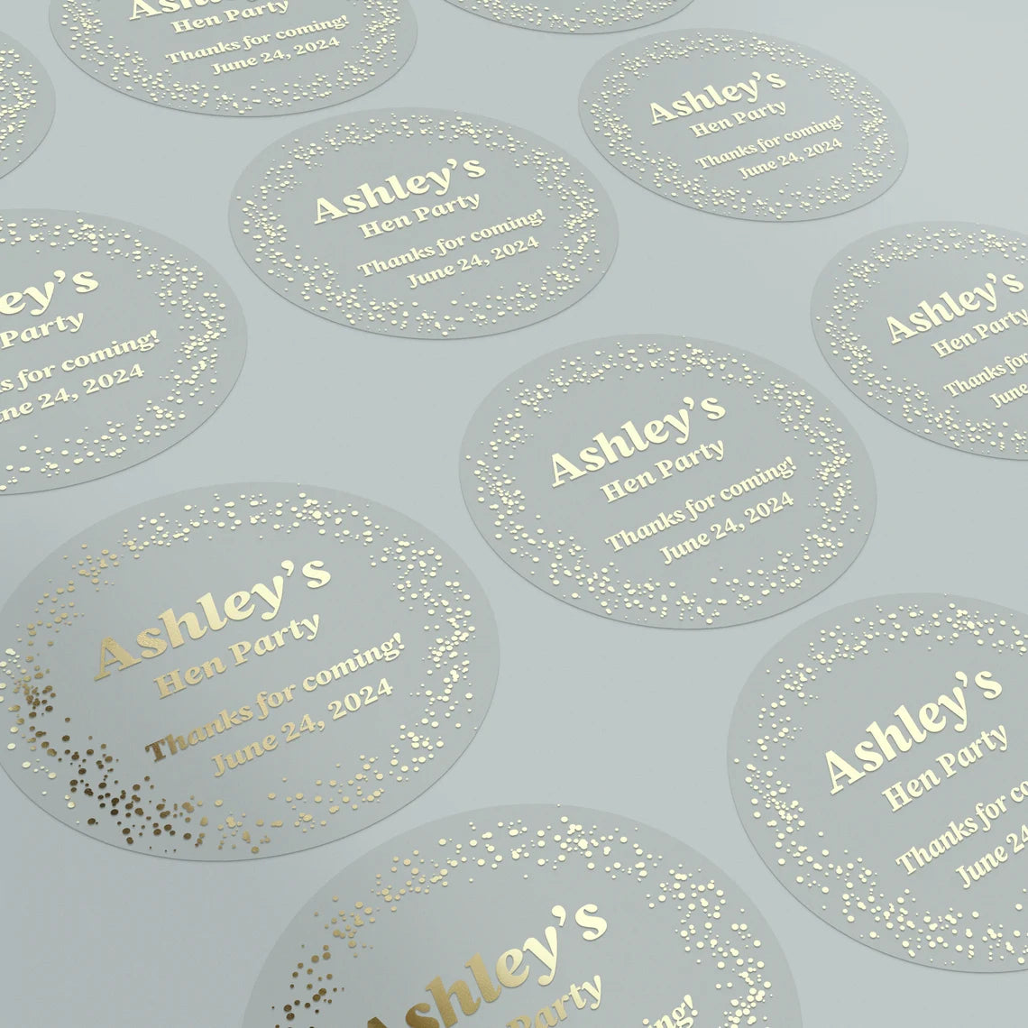 Personalized hen party sticker with name, event type, and date in gold foil, silver foil, rose gold foil, or black text on clear or white background