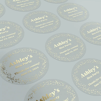 Personalized hen party sticker with name, event type, and date in gold foil, silver foil, rose gold foil, or black text on clear or white background