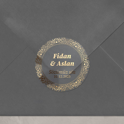 Personalized gold-foil commitment sticker with names, message, and date