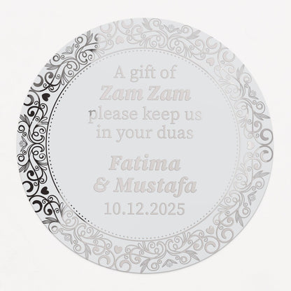Personalized gold-foil Zam Zam water gift sticker with names and event date