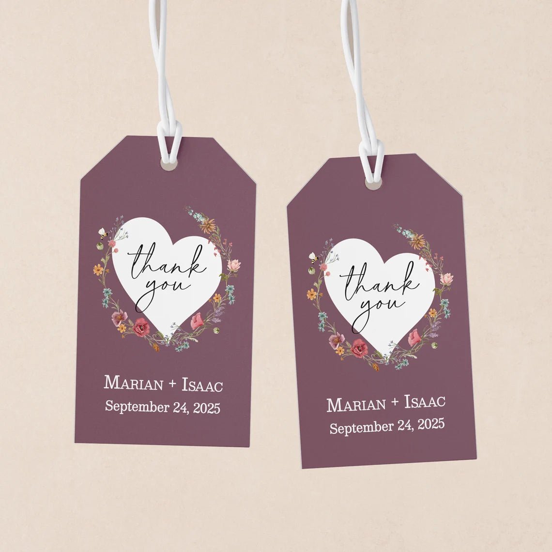 Mauve Thank you Wedding Tags with Wildflowers - XOXOKristen