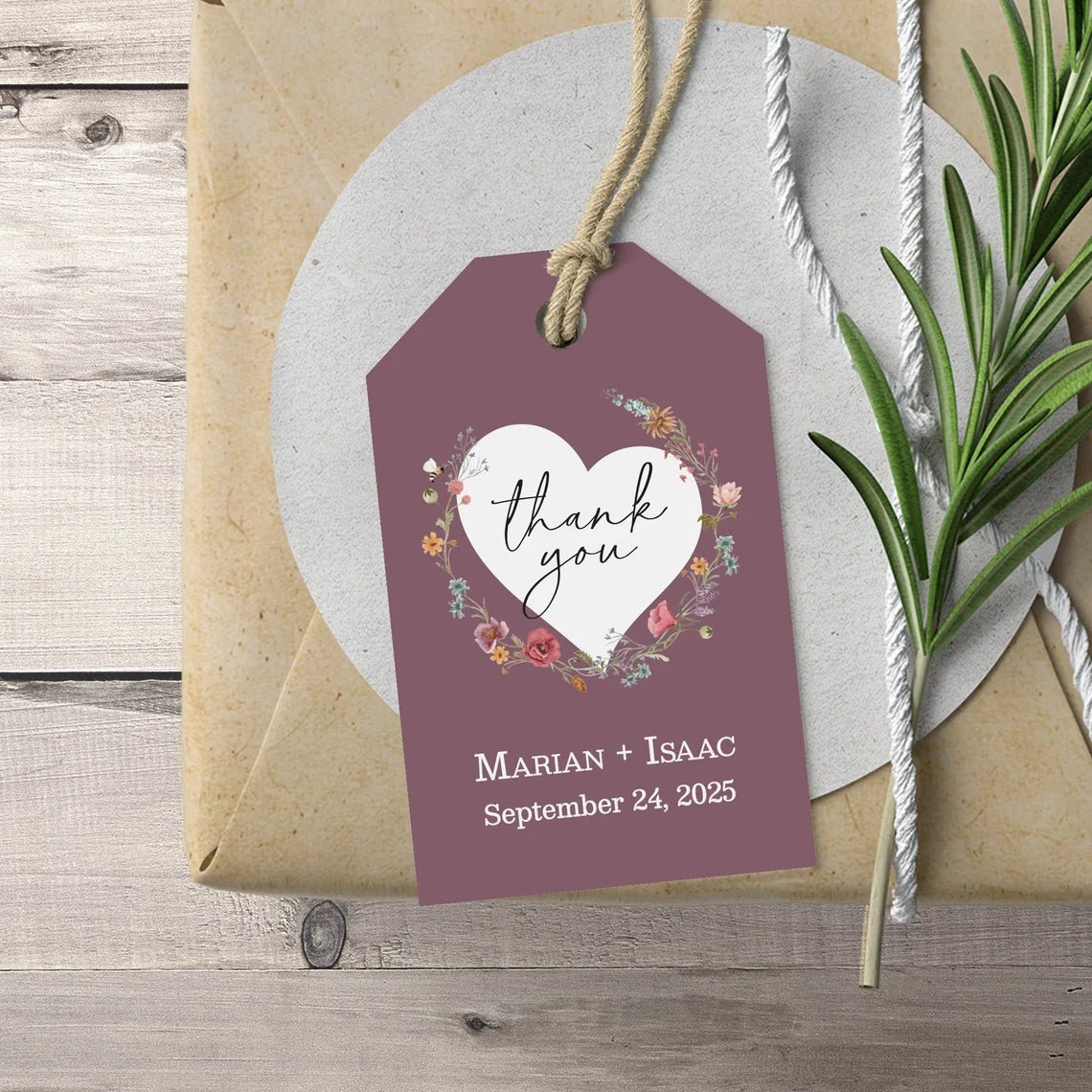 Mauve Thank you Wedding Tags with Wildflowers - XOXOKristen