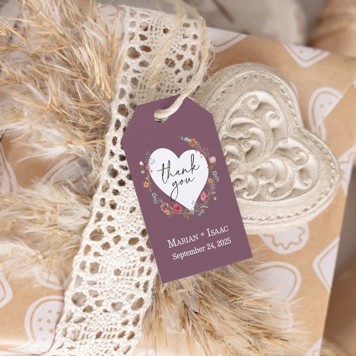 Mauve Thank you Wedding Tags with Wildflowers - XOXOKristen
